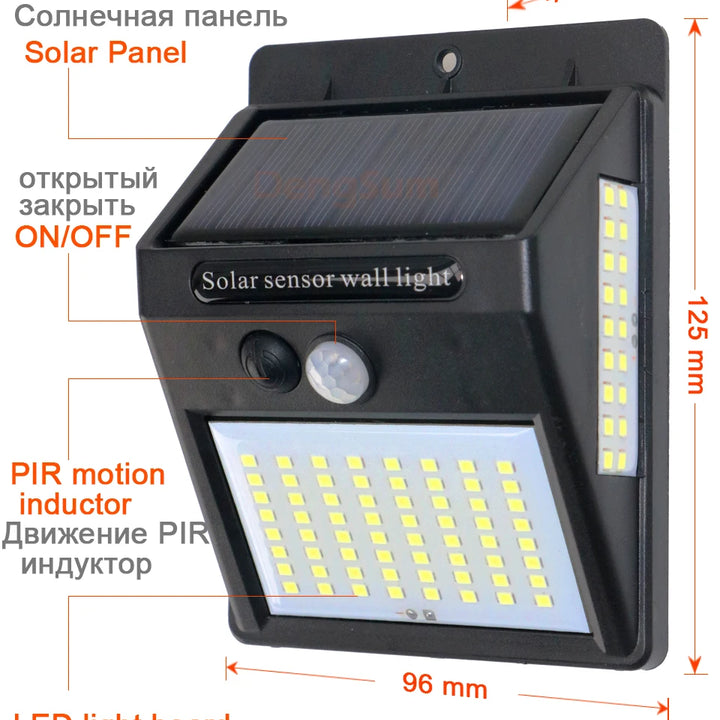 PIR Motion Sensor 100LED Sunlight control 3 sided Solar Energy Street light Yard Path Home Garden Solar Power lamp Wall Light