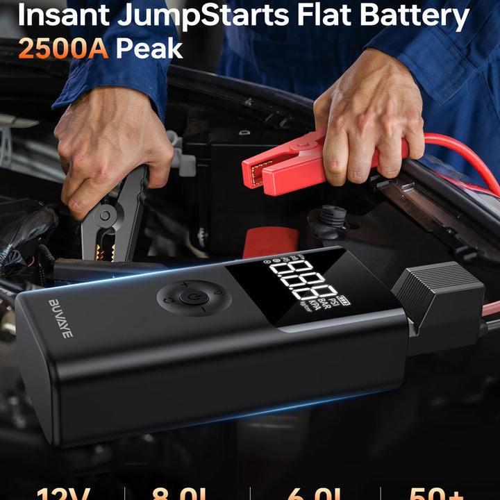 BUVAYE 4 In 1 2500A Portable Jump Starter Power Bank 150PSI Air Pump Booster Car Battery 12V Car Battery Starter Powerbank