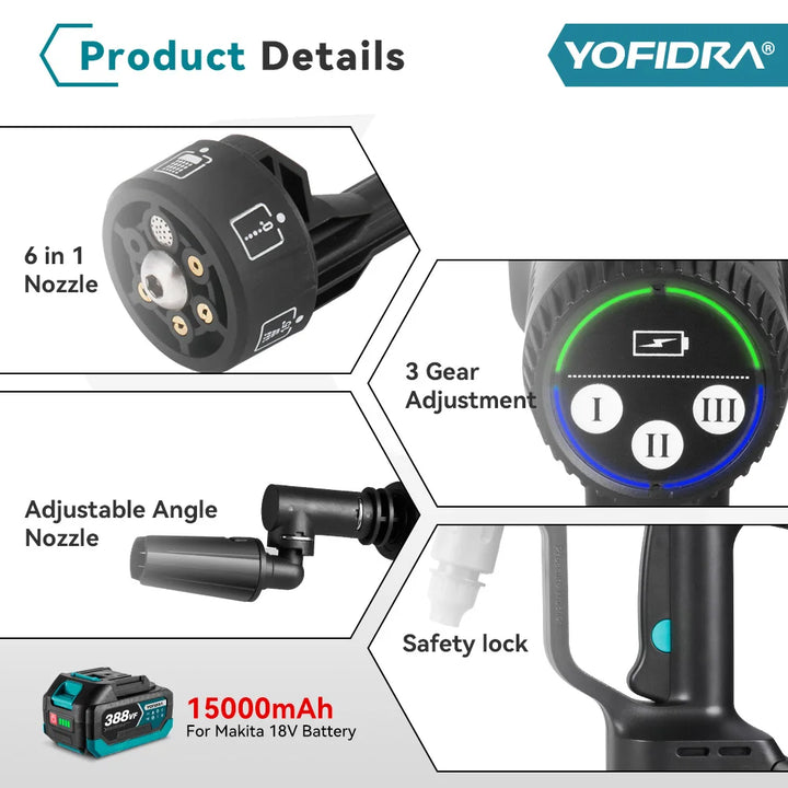 YOFIDRA 200Bar Brushless High Pressure Car Washer Gun 6 IN 1 Electric Garden Washing Water Spray Gun  For Makita 18V Battery Pin