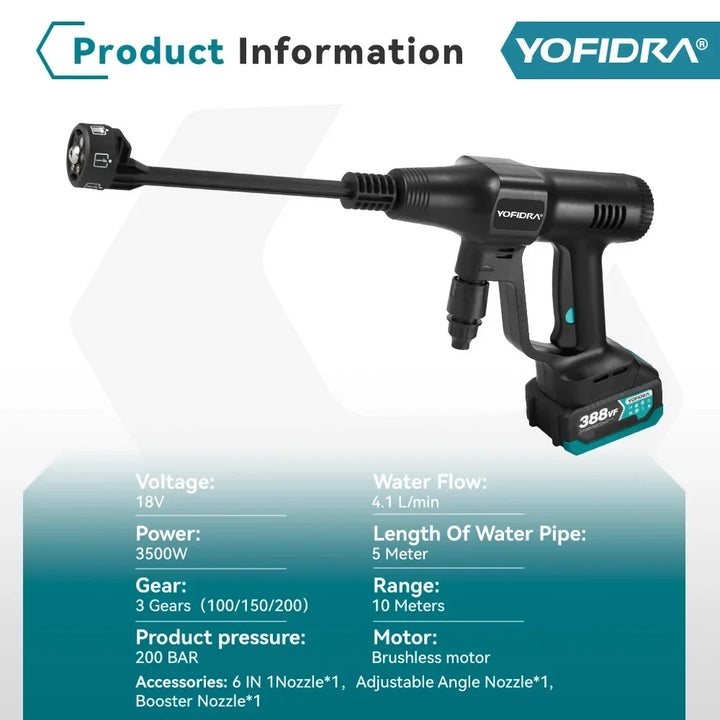 YOFIDRA 200Bar Brushless High Pressure Car Washer Gun 6 IN 1 Electric Garden Washing Water Spray Gun  For Makita 18V Battery Pin