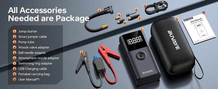 BUVAYE 4 In 1 2500A Portable Jump Starter Power Bank 150PSI Air Pump Booster Car Battery 12V Car Battery Starter Powerbank