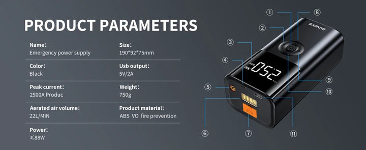 BUVAYE 4 In 1 2500A Portable Jump Starter Power Bank 150PSI Air Pump Booster Car Battery 12V Car Battery Starter Powerbank