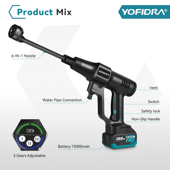 YOFIDRA 200Bar Brushless High Pressure Car Washer Gun 6 IN 1 Electric Garden Washing Water Spray Gun  For Makita 18V Battery Pin